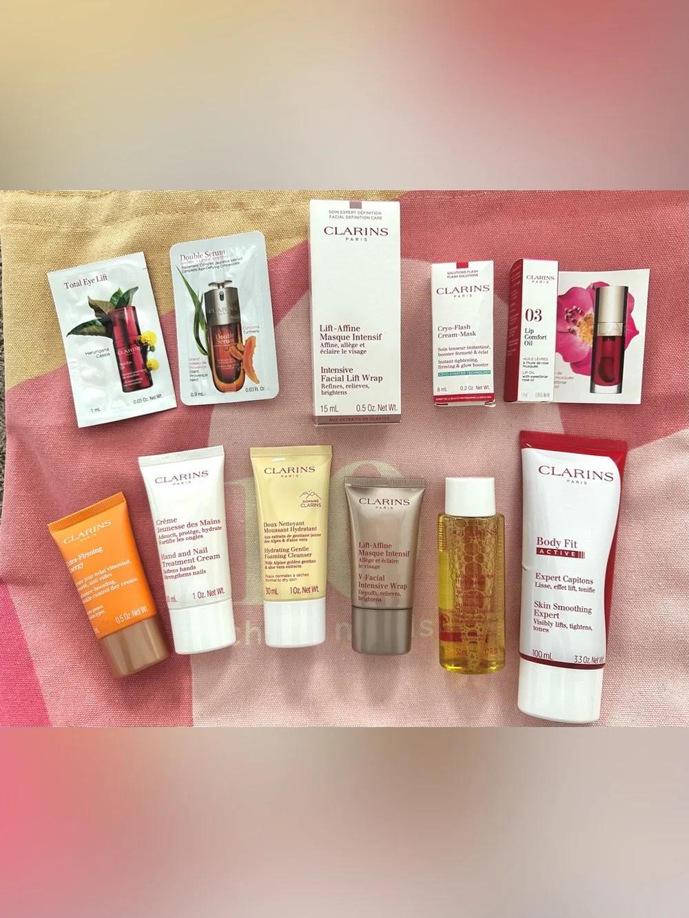 Clarins Pink & Beige Canvas Tote with Assorted Skincare Mini’s Set